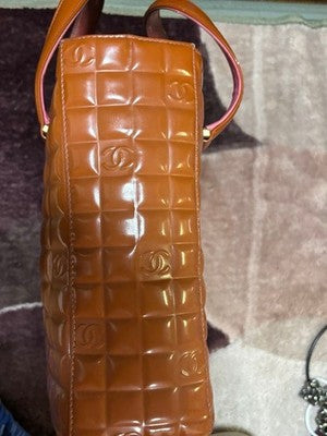 CHANEL CHOCOLATE BAR PATENT LEATHER TOTE BAG COCO MARK BROWN AUTHENTIC
