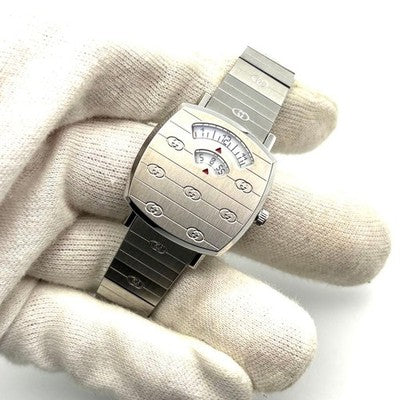 GUCCI GRIP 157.5 QUARTZ DATE GG LOGO SILVER DIAL BRACELET LADIES WATCH BOXED