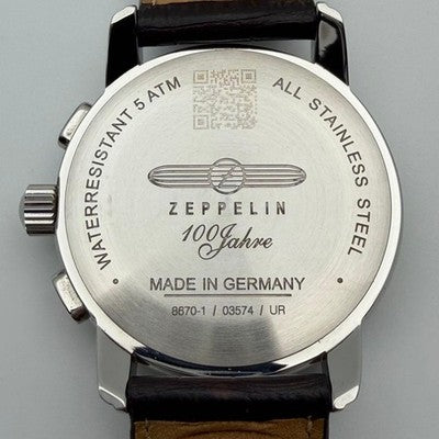 ZEPPELIN 100 JAHRE 8670-1 QUARTZ CHRONOGRAPH MEN'S WATCH SILVER DIAL BROWN BAND