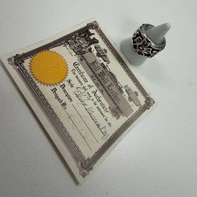 BILL WALL LEATHER CHERRY BLOSSOM RING US 10 SILVER FLORAL DESIGN GUARANTEE CARD