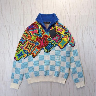 LOUIS VUITTON DISTORTED HALF-ZIP KNIT SWEATER MONOGRAM DAMIER WHITE BLUE SIZE M