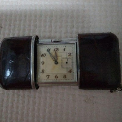 MOVADO ERMETO TRAVEL POCKET WATCH LEATHER CASE SILVER DIAL MANUAL VINTAGE