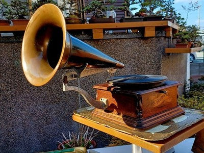 COLUMBIA DISC GRAPHOPHONE PHONOGRAPH 1907 ANTIQUE WOOD W RECORD JAPAN