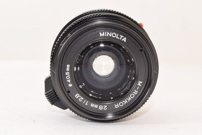 MINOLTA M-ROKKOR 28MM F2.8 WITH DEDICATED HOOD WIDE-ANGLE LENS AS IS