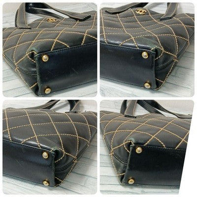CHANEL WILD STITCH HANDBAG TOTE BAG CALFSKIN BLACK COCO MARK AUTHENTIC