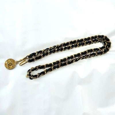 CHANEL BELT AUTH GOLD PLATE MEDAL BLACK LEATHER KENKENJP COIN 98CM CHAIN COCO CC