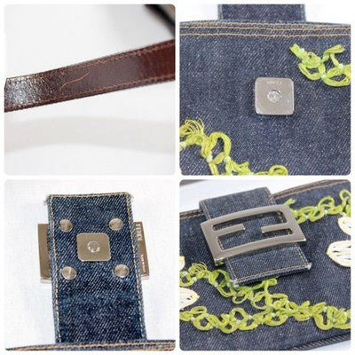 FENDI DENIM BAGUETTE SHOULDER BAG NAVY EMBROIDERED FLOWER EXCELLENT