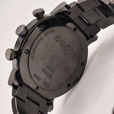 GUCCI 101M ROUND CHRONOGRAPH DIAMOND BEZEL QUARTZ WATCH BLACK BUCKLE