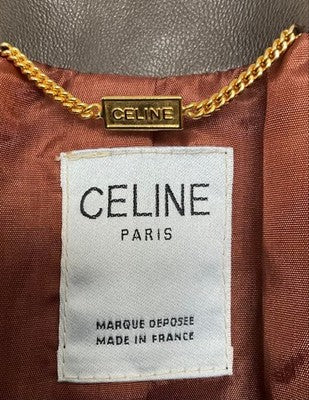 CELINE LAMBSKIN COLLARLESS LEATHER JACKET BROWN WOMEN VINTAGE EXCELLENT CLEAN OK