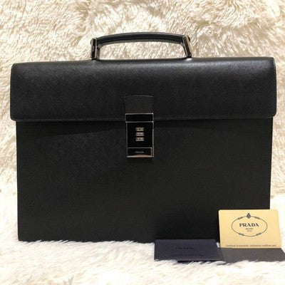 PRADA BLACK LEATHER BUSINESS BRIEFCASE BAG MEN'S AUTHENTIC EXCELLENT COND