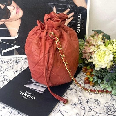 CHANEL MATELASSE LAMBSKIN DRAWSTRING CHAIN SHOULDER BAG RED QUILTED COCO MARK