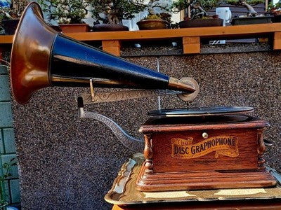 COLUMBIA DISC GRAPHOPHONE PHONOGRAPH 1907 ANTIQUE WOOD W RECORD JAPAN