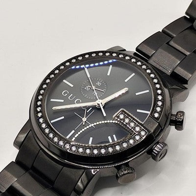GUCCI 101M ROUND CHRONOGRAPH DIAMOND BEZEL QUARTZ WATCH BLACK BUCKLE