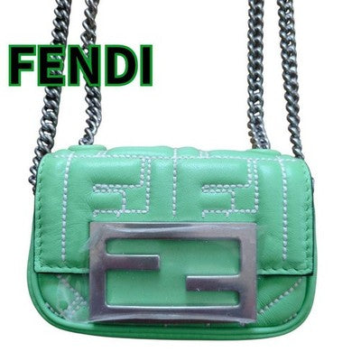 FENDI ZUCCA NANO BAGUETTE LEATHER SHOULDER BAG GREEN NEAR MINT