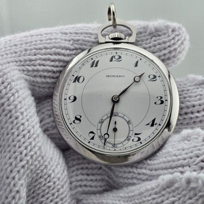 MOVADO VINTAGE POCKET WATCH 15 JEWELS ENAMEL DIAL MANUAL WIND W/ CHAIN WORKING