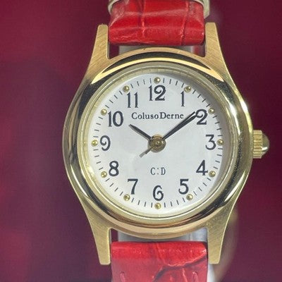 COLUSO DERNE QZ LADIES WRISTWATCH 90S VINTAGE ROUND FACE WHITE DIAL LEATHER BELT