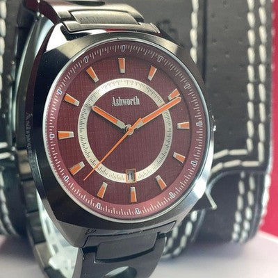 ASHWORTH QZ MEN'S WRISTWATCH ROUND FACE JAPAN MADE MOVEMENT SS BELT NEAR MINT