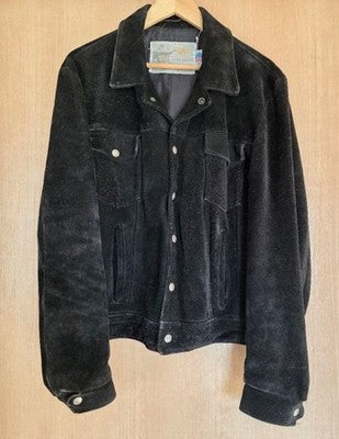 SCHOTT VINTAGE BLACK SUEDE LEATHER TRUCKER JACKET SIZE 42 MADE IN USA GOOD JP