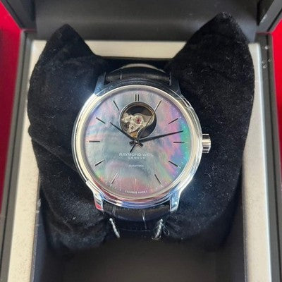 RAYMOND WEIL 2227 AUTOMATIC OPEN HEART WATCH MOP DIAL BOX PAPERS SWISS.