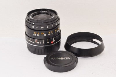 MINOLTA M-ROKKOR 28MM F2.8 WITH DEDICATED HOOD WIDE-ANGLE LENS AS IS