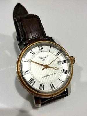TISSOT POWERMATIC 80 AUTOMATIC WATCH ROMAN DIAL DATE GOLD CASE BROWN LEATHER