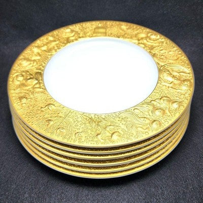 ROSENTHAL MAGIC FLUTE GOLD PLATE 22CM SET OF 6 PORCELAIN DINNER PLATES NEAR MINT