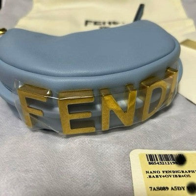 FENDI NANO FENDIGRAPHY POUCH 7AS089 LIGHT BLUE LEATHER UNUSED W/ DUST BAG