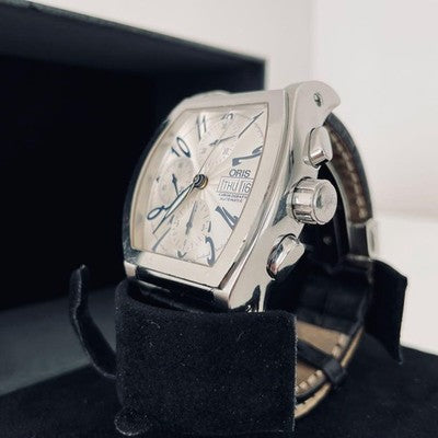 ORIS 7532 MILES TONNEAU CHRONOGRAPH DAY-DATE AUTOMATIC 41MM SILVER DIAL WITH BOX