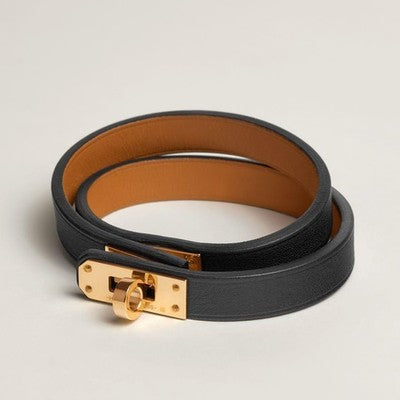 HERMES MINI KELLY DOUBLE TOUR LEATHER BRACELET NOIR GOLD HARDWARE T3 NEW