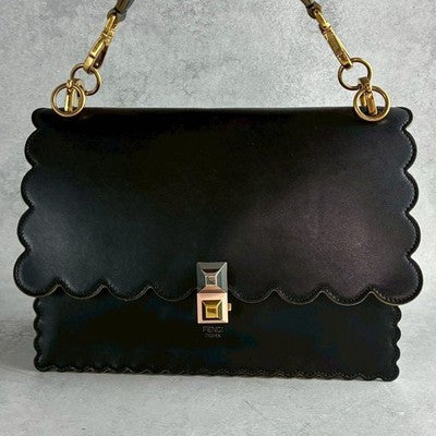 FENDI KANAI CHAIN SHOULDER BAG 2WAY LEATHER BLACK WOMEN USED AUTHENTIC