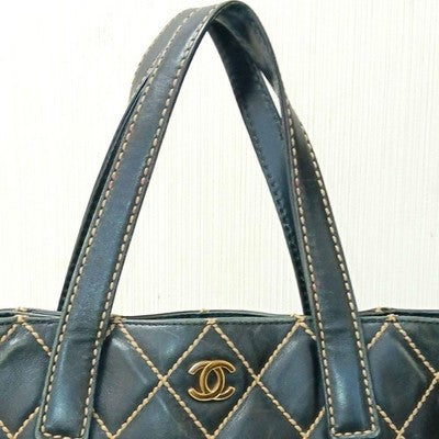 CHANEL WILD STITCH HANDBAG TOTE BAG CALFSKIN BLACK COCO MARK AUTHENTIC