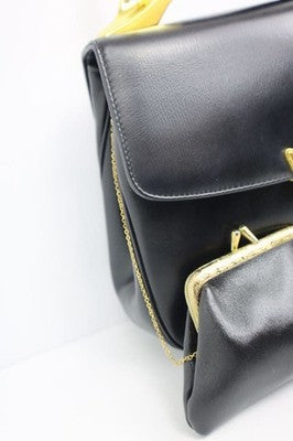 CHRISTIAN DIOR BLACK LEATHER SHOULDER BAG GOLD HARDWARE COIN PURSE