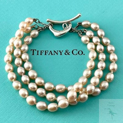 TIFFANY OPEN HEART PEARL TRIPLE STRAND BRACELET SILVER 925 TOGGLE CLASP
