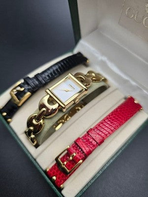 GUCCI 1800L VINTAGE WATCH W/ 2 EXTRA STRAPS & BOX GOLD PLATED SWISS
