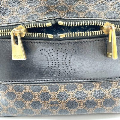 CELINE TRIOMPHE MACADAM PVC HANDBAG BLACK BROWN TOP HANDLE BAG VINTAGE JAPAN