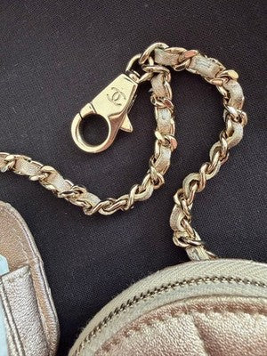 CHANEL METALLIC GOLD QUILTED LAMBSKIN ROUND & MINI FLAP AIRPOD DUAL BAG SET