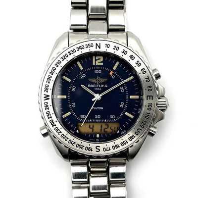BREITLING PLUTON MULTIFUNCTION A51038 NAVY DIAL STEEL QUARTZ ANALOG WATCH USED