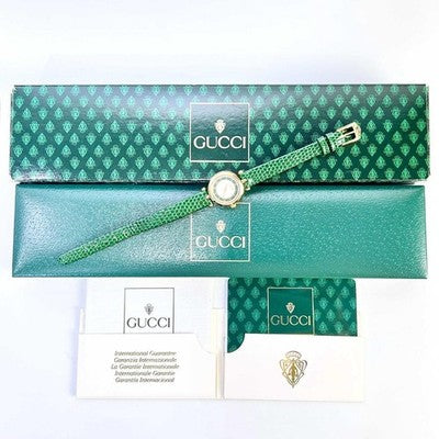 GUCCI 2000L SHERRY LINE WOMENS QUARTZ WATCH WHITE DIAL GREEN LEATHER BAND W/BOX