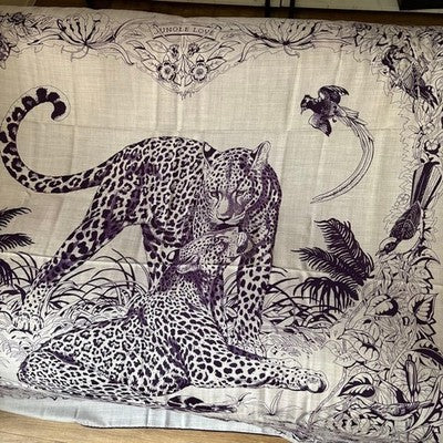 HERMES CARRE 140 JUNGLE LOVE LEOPARD CASHMERE SILK GRAY PURPLE GIFTS UNUSED