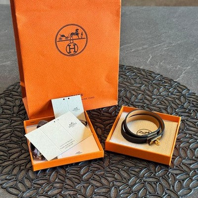 HERMES MINI KELLY DOUBLE TOUR LEATHER BRACELET NOIR GOLD HARDWARE T3 NEW