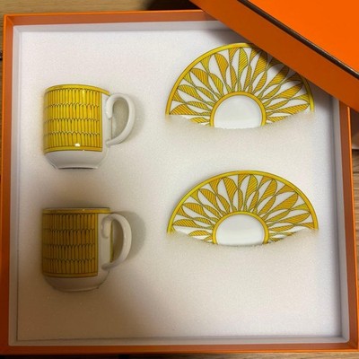 HERMES SOLEIL D'HERMES COFFEE CUP & SAUCER SET OF 2 PORCELAIN FRANCE NEW BOXED