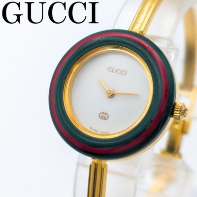 GUCCI 1100L BANGLE WATCH GOLD WHITE DIAL CHANGEABLE BEZEL QUARTZ LADIES RARE