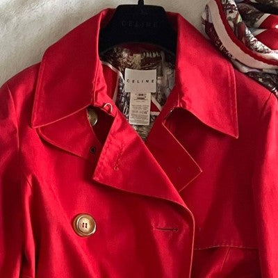 CELINE RED COTTON TRENCH COAT BELT SCARF HANGER SET SIZE S FRANCE MADE
