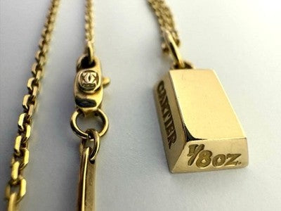 CARTIER 1/8 OZ INGOT PENDANT & 2C LOGO CHAIN SET 750 YELLOW GOLD RARE VINTAGE