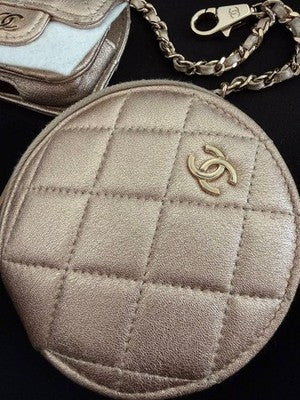 CHANEL METALLIC GOLD QUILTED LAMBSKIN ROUND & MINI FLAP AIRPOD DUAL BAG SET