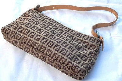 FENDI FF PATTERN ZUCCHINO ZUCCA LOGO TOP HANDLE BAG, LEATHER, BROWN, WOMEN ITALY