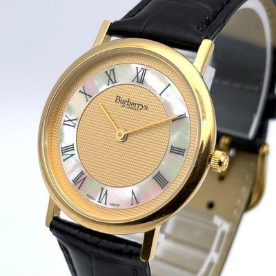 BURBERRY MEN'S QUARTZ GOLD SHELL ROMAN WRISTWATCH ROUND FACE LEATHER BELT