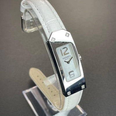 HERMES KELLY 2 KT1.230 QUARTZ WHITE SHELL 4P DIAMOND SILVER STEEL WATCH USED