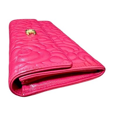 CHANEL CAMELLIA EMBOSSED CAVIAR SKIN LONG WALLET PINK GOLD HARDWARE