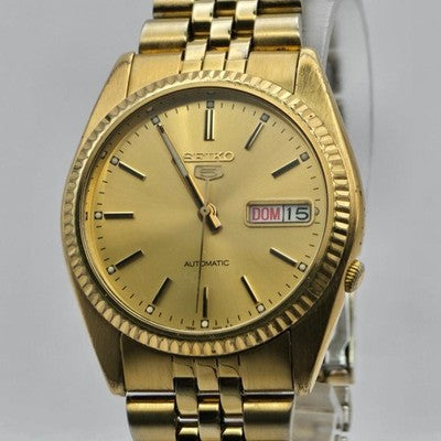 SEIKO 5 AUTOMATIC DAY-DATE 7S26-3110 FLUTED BEZEL GOLD DIAL MEN'S WATCH 36.3MM